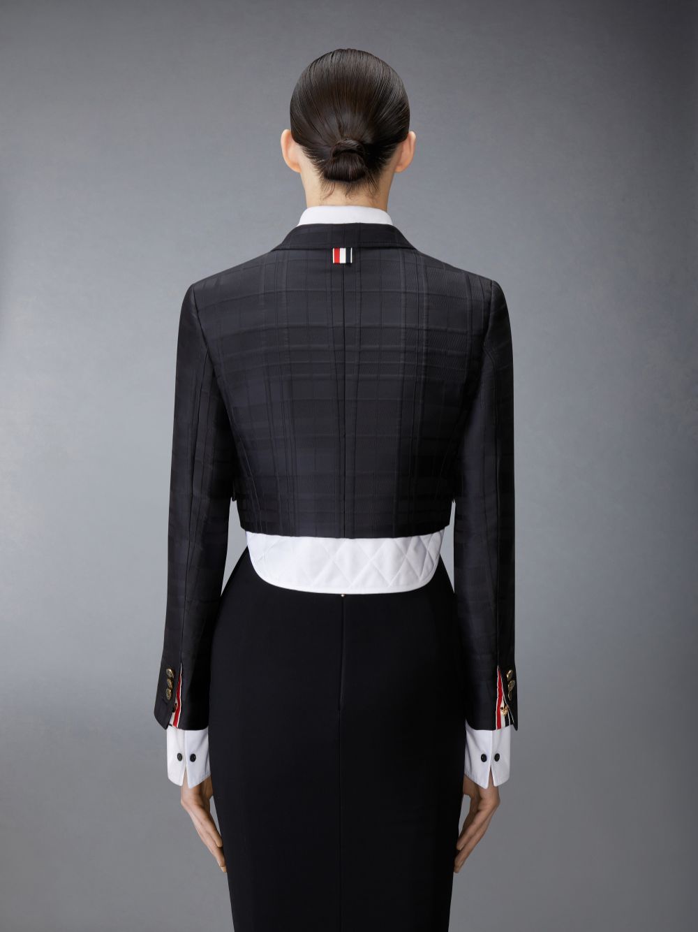 Thom Browne Hunting Tartan 3D Windowpane Jacquard Cropped High Break Sport With Quilted Oxford Shirt Women Coats Black | KLS16R48488