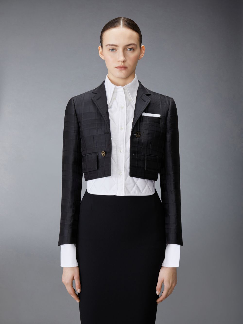 Thom Browne Hunting Tartan 3D Windowpane Jacquard Cropped High Break Sport With Quilted Oxford Shirt Women Coats Black | KLS16R48488