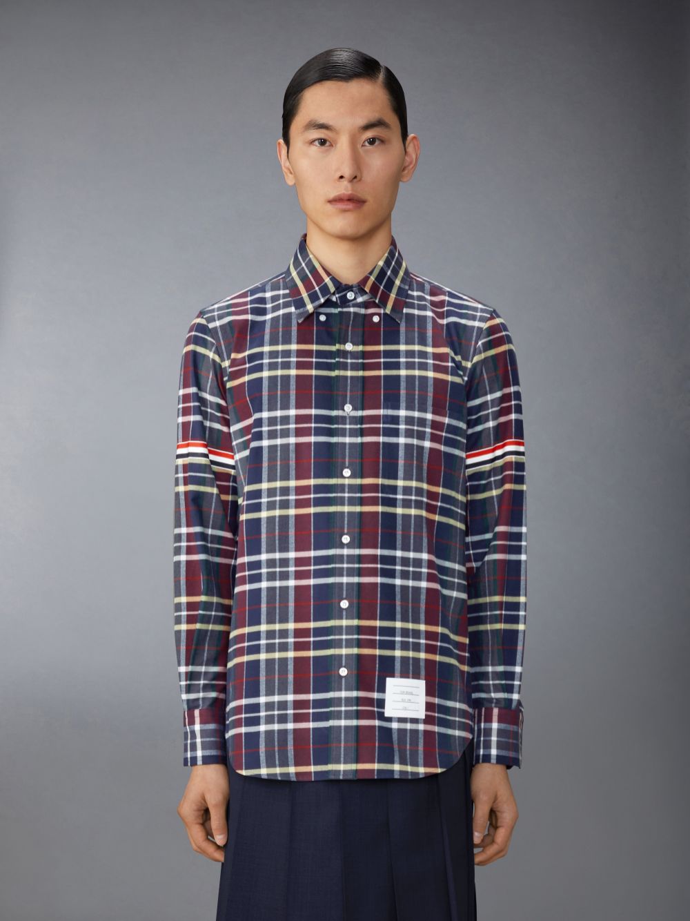 Thom Browne Hunting Tartan Cotton Flannel Armband Men Shirts Blue | ZMQ85C91400