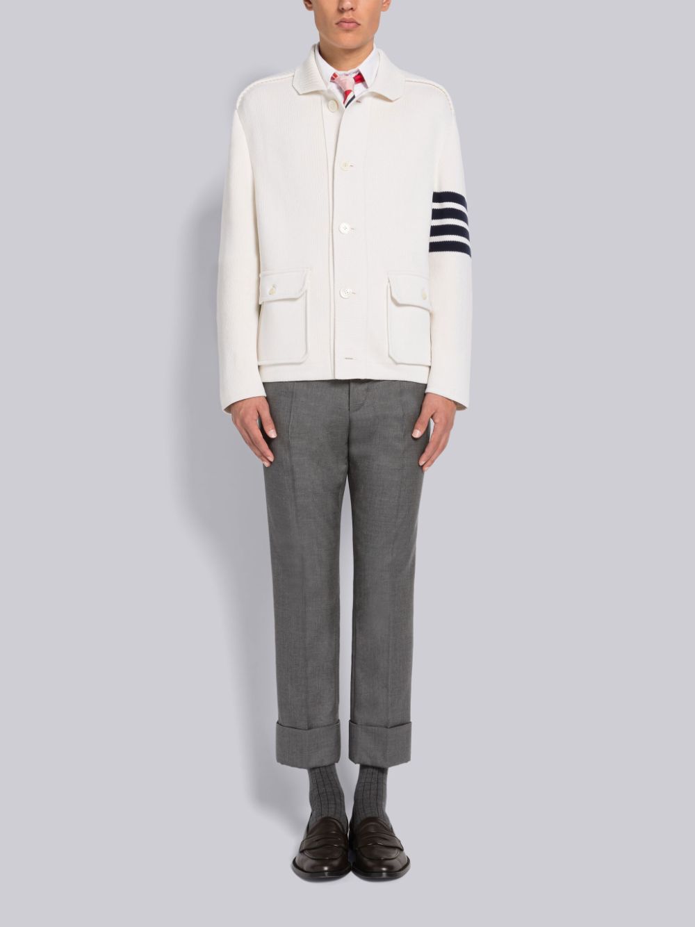 Thom Browne INTERLOCK STITCH COTTON CASHMERE 4-BAR POLO COLLAR Men Jackets White | MWJ17M02470