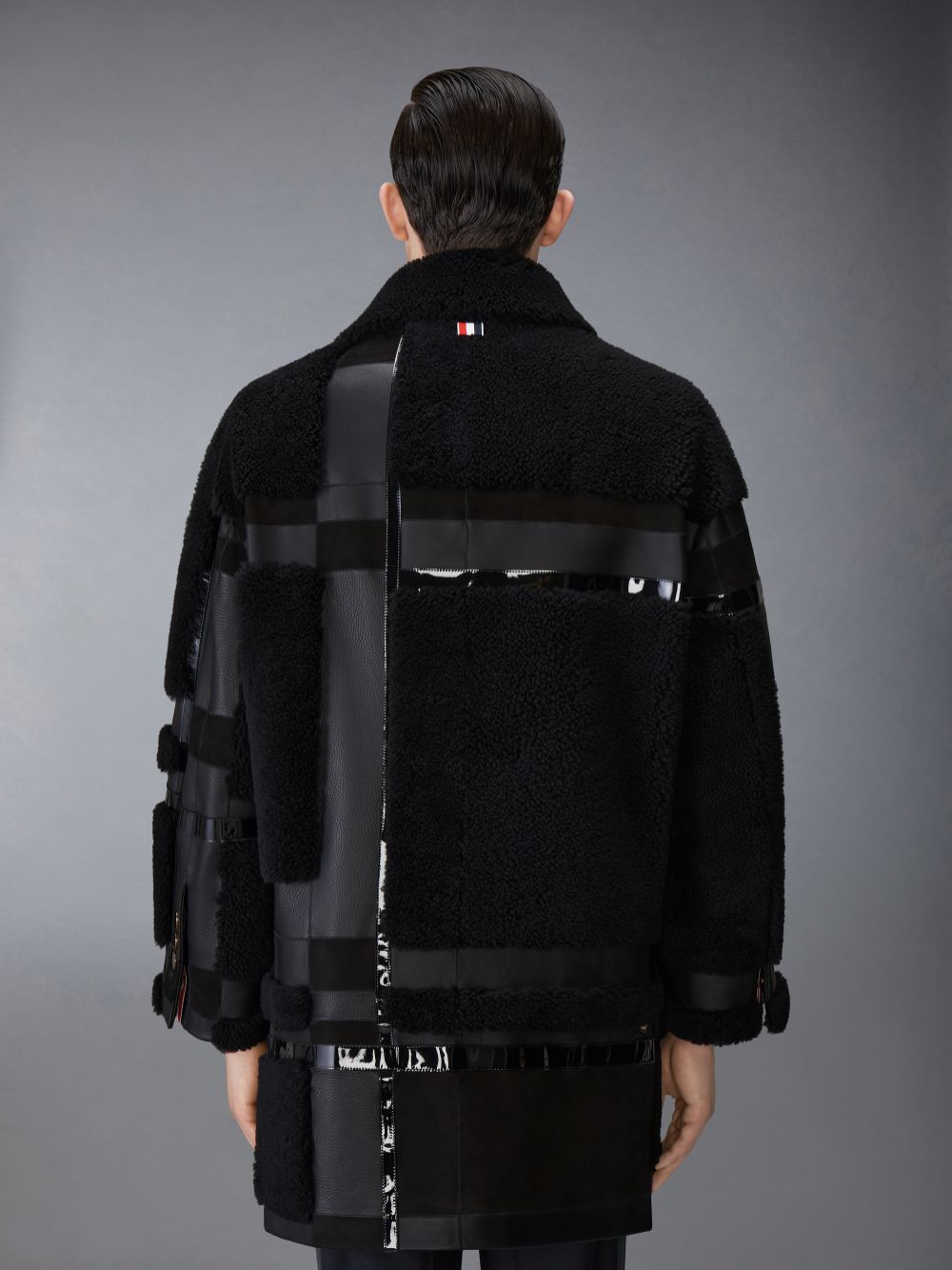 Thom Browne Intarsia Mixed Leather Dyed Shearling Oversized Men Coats Black | ILB50X02675