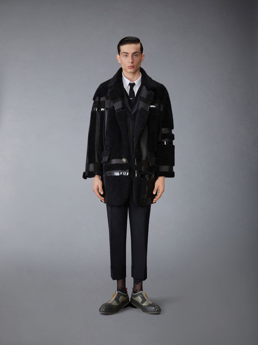 Thom Browne Intarsia Mixed Leather Dyed Shearling Oversized Men Coats Black | ILB50X02675