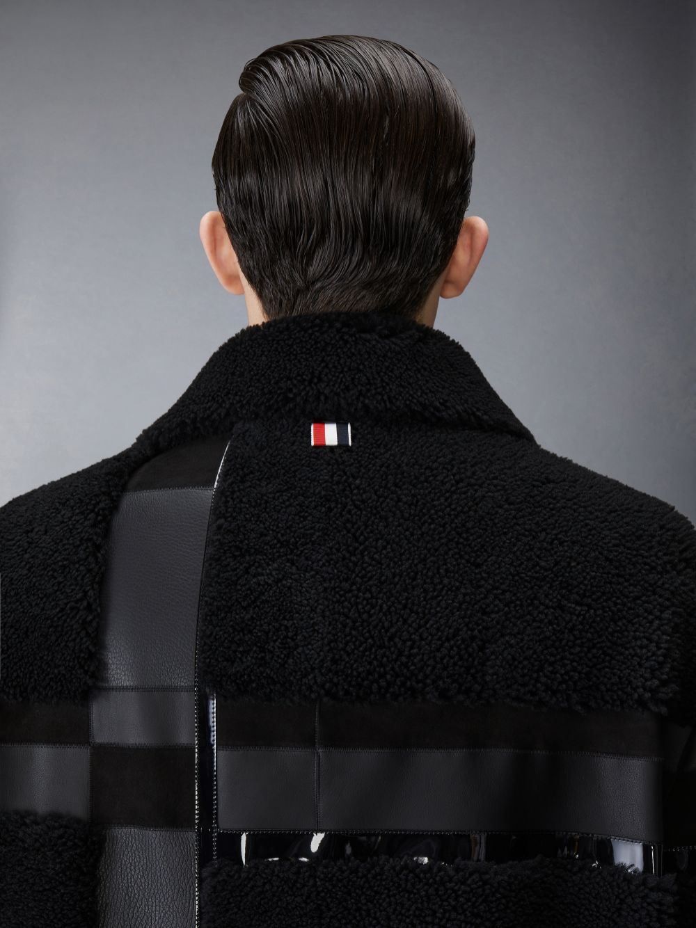 Thom Browne Intarsia Mixed Leather Dyed Shearling Oversized Men Coats Black | ILB50X02675