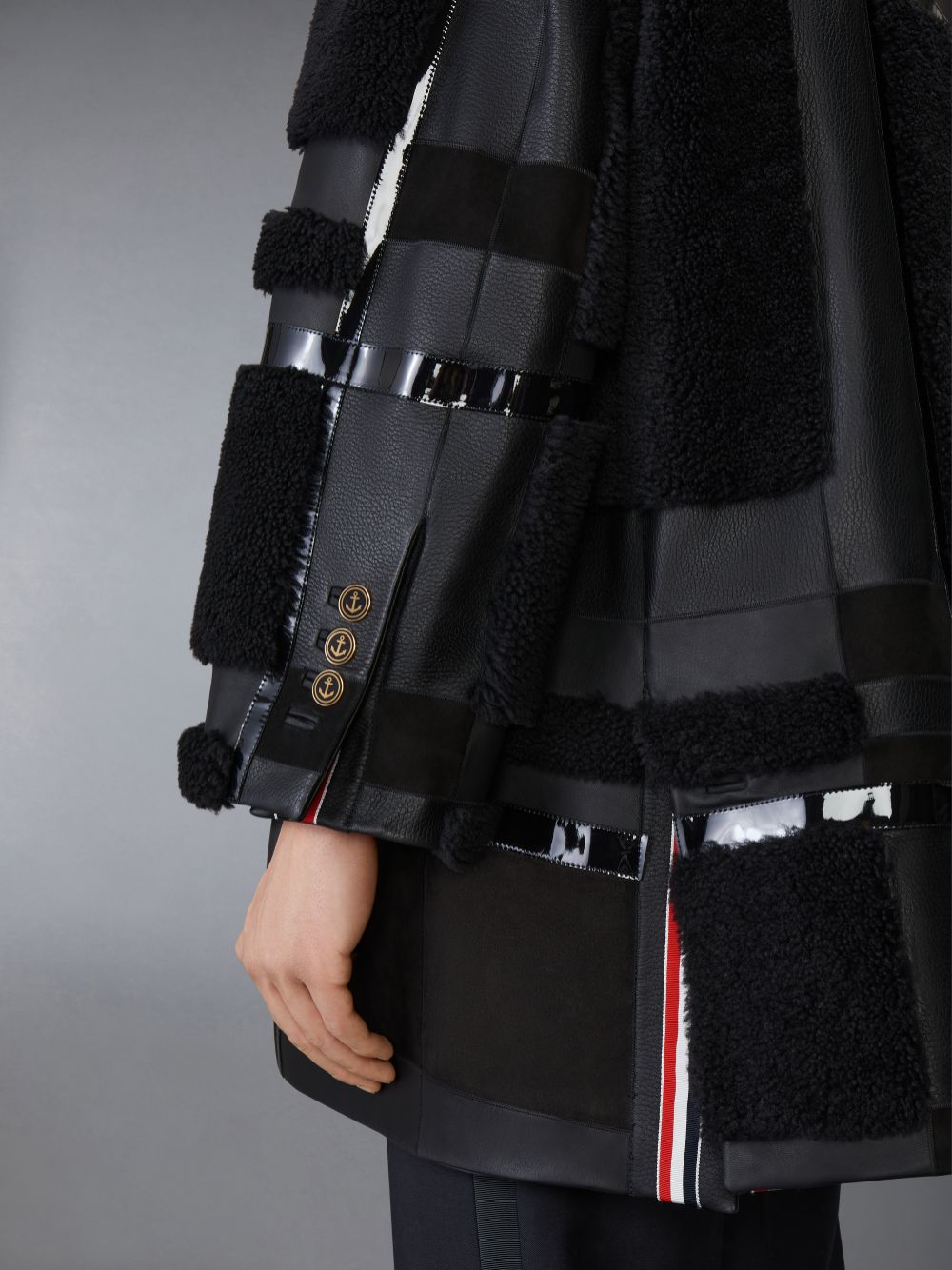 Thom Browne Intarsia Mixed Leather Dyed Shearling Oversized Men Coats Black | ILB50X02675