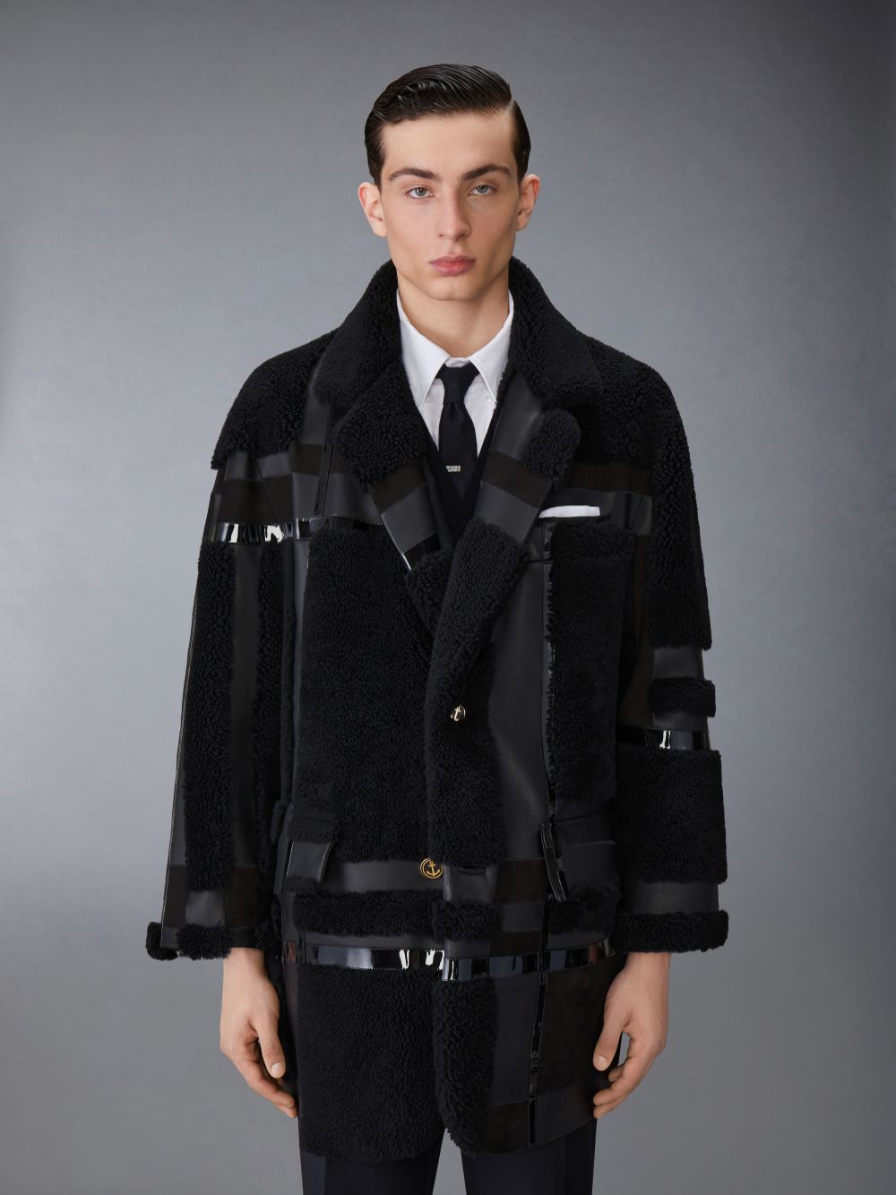 Thom Browne Intarsia Mixed Leather Dyed Shearling Oversized Men Coats Black | ILB50X02675