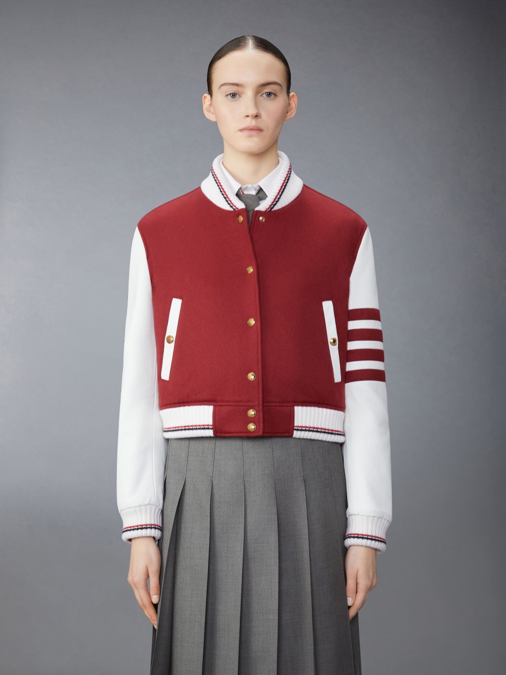 Thom Browne Jacket Weight Cashmere 4-Bar Cropped Varsity Women Jackets Red | PEP34U95910