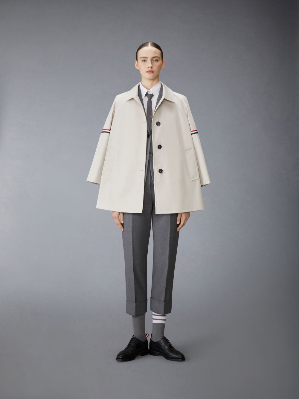 Thom Browne Khaki Waterproof Cotton Twill Striped Armband Cropped Car Women Coats Beige | LAQ65L82048