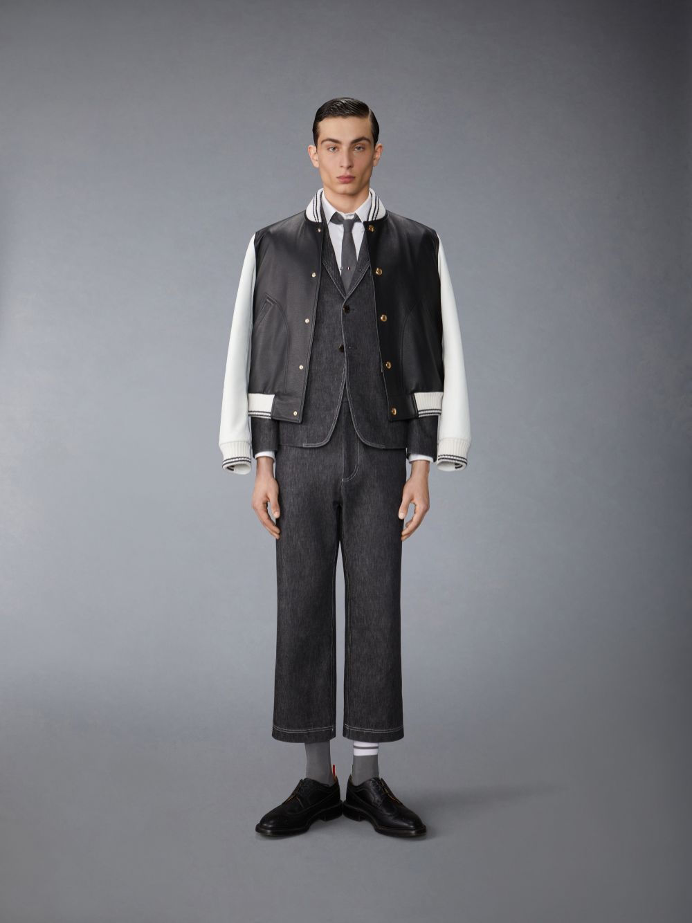 Thom Browne Lamb Grained Leather Contrast Topstitching Blouson Men Jackets Black | PBN19K36271