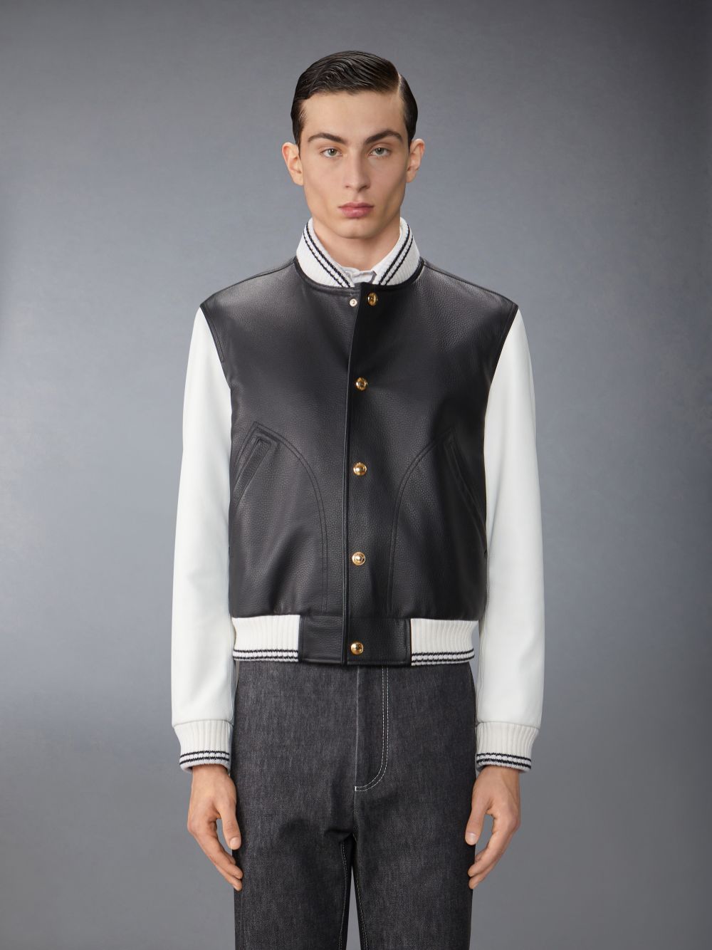 Thom Browne Lamb Grained Leather Contrast Topstitching Blouson Men Jackets Black | PBN19K36271