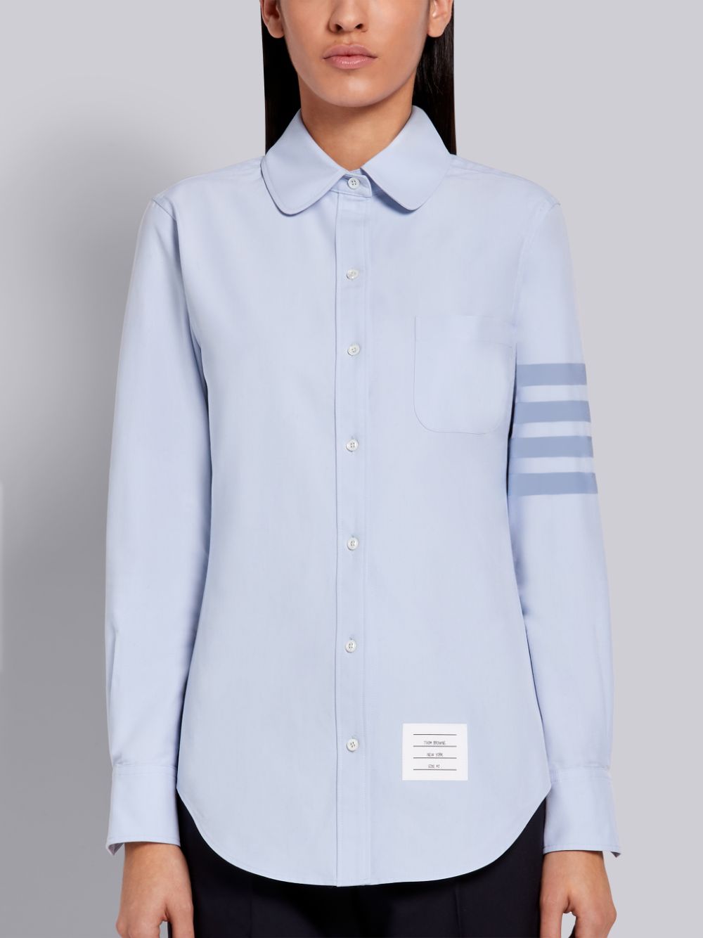 Thom Browne Light Blue Supima Cotton Oxford Satin Weave 4-Bar Long Sleeve Round Collar Women Shirts Blue | WIB35L50186