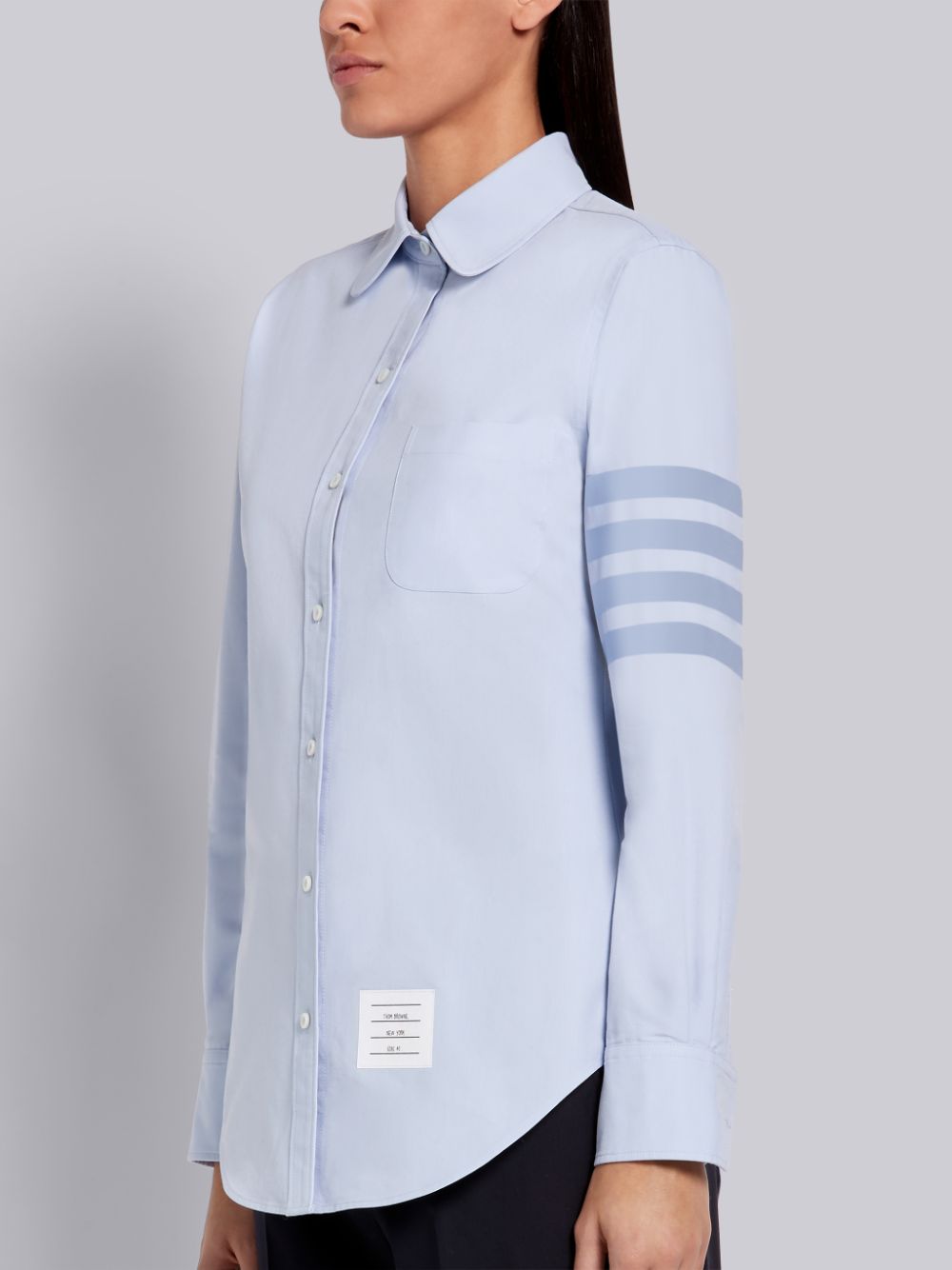 Thom Browne Light Blue Supima Cotton Oxford Satin Weave 4-Bar Long Sleeve Round Collar Women Shirts Blue | WIB35L50186