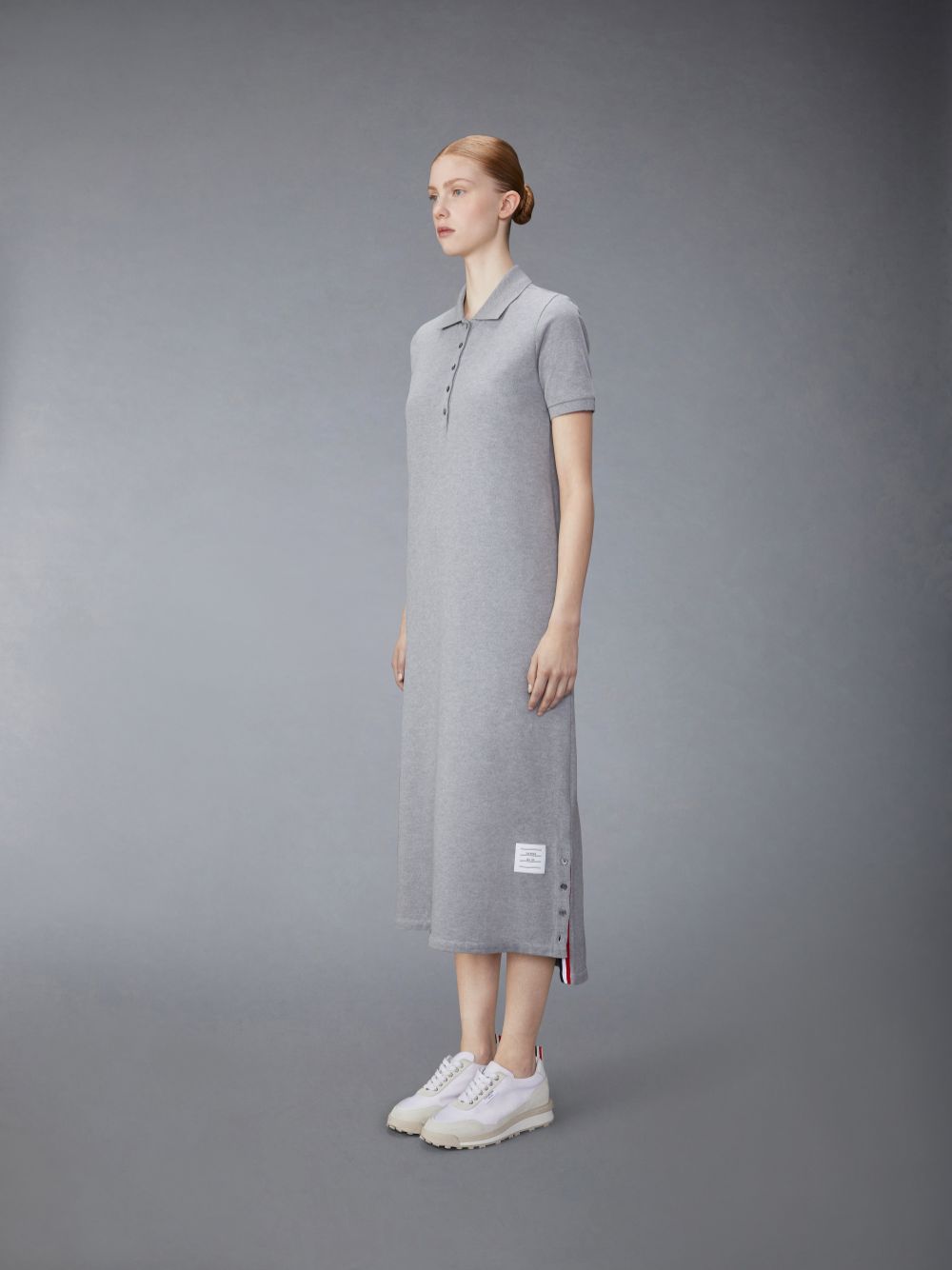 Thom Browne Light Classic Cotton Pique Center Back Stripe A-line Short Sleeve Polo Shirt Women Dress Grey | TQI92L35238