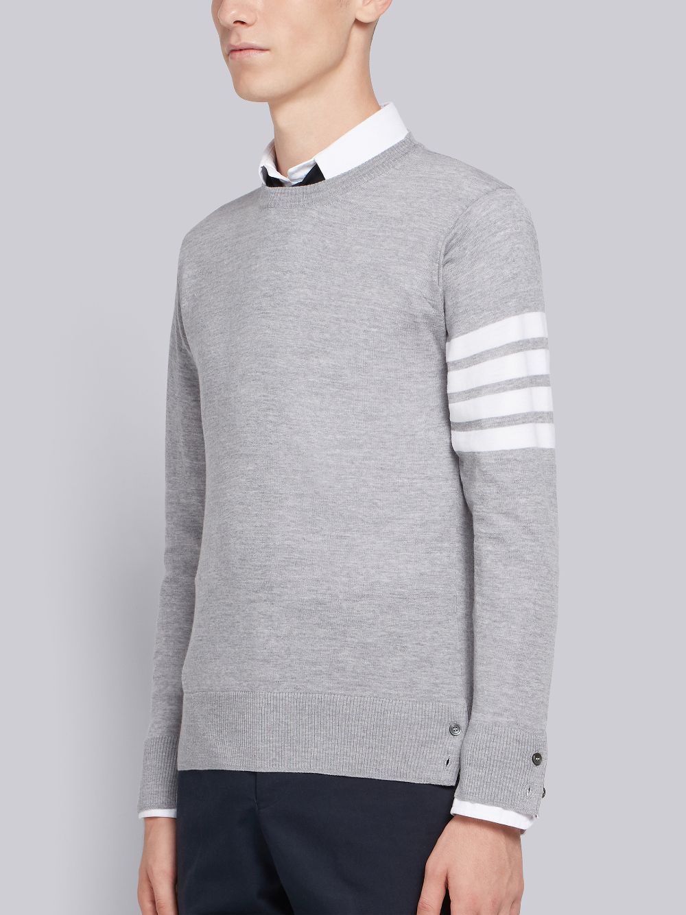 Thom Browne Light Fine Merino Wool 4-Bar Crew Neck Men Pullover Grey | GIA19V83323