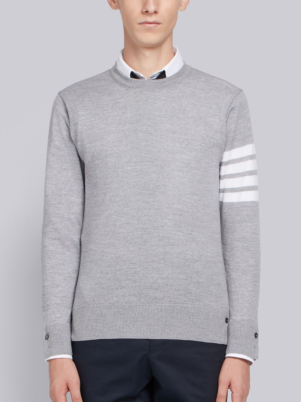 Thom Browne Light Fine Merino Wool 4-Bar Crew Neck Men Pullover Grey | GIA19V83323