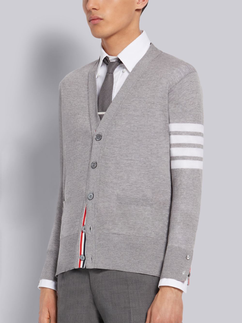 Thom Browne Light Fine Merino Wool V-Neck 4-Bar Men Cardigan Grey | HFI05D76991