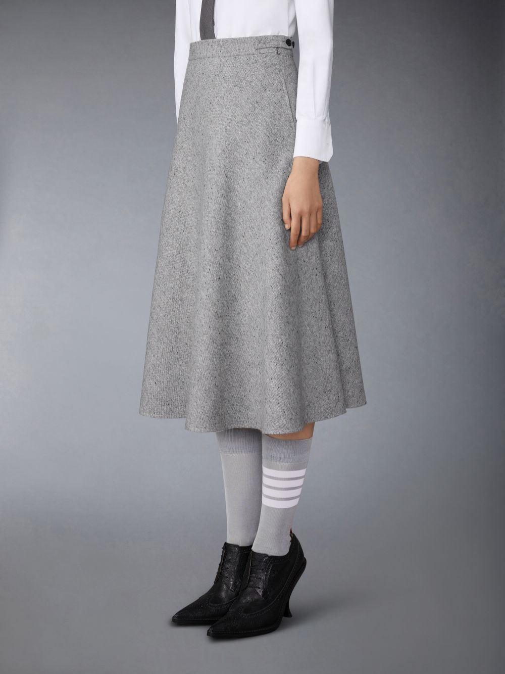 Thom Browne Light Weight Irish Donegal Tweed Midi A-line Side Tab Women Skirts Grey | NEJ83D43048