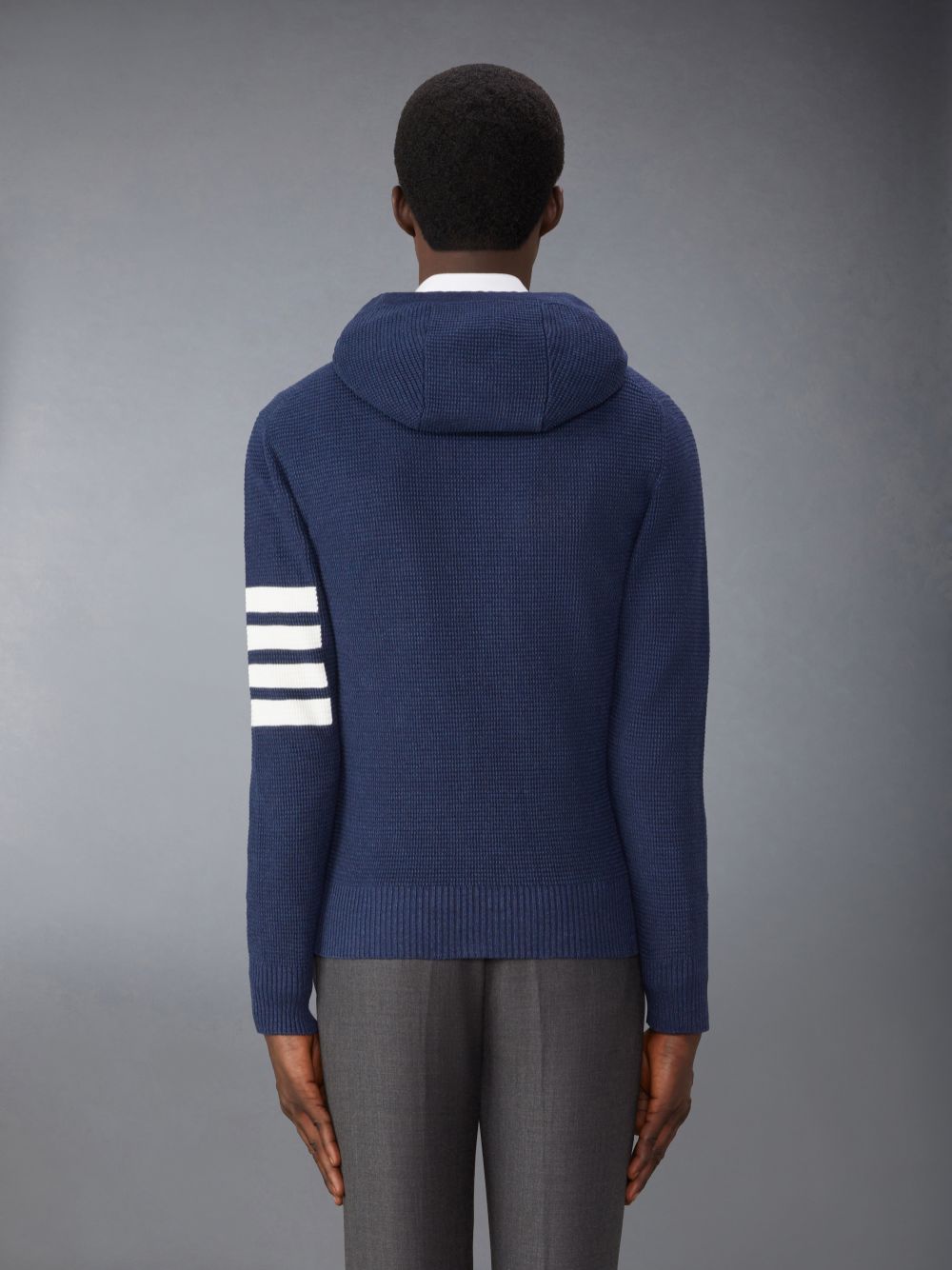 Thom Browne Linen Cotton 4-Bar Relaxed Fit Zip up Men Hoodie Blue | XRZ06B60745