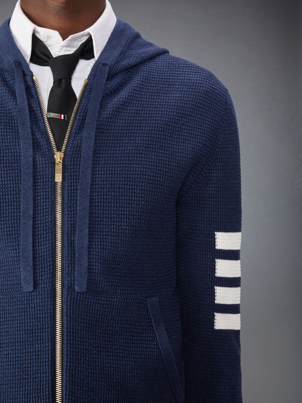 Thom Browne Linen Cotton 4-Bar Relaxed Fit Zip up Men Hoodie Blue | XRZ06B60745