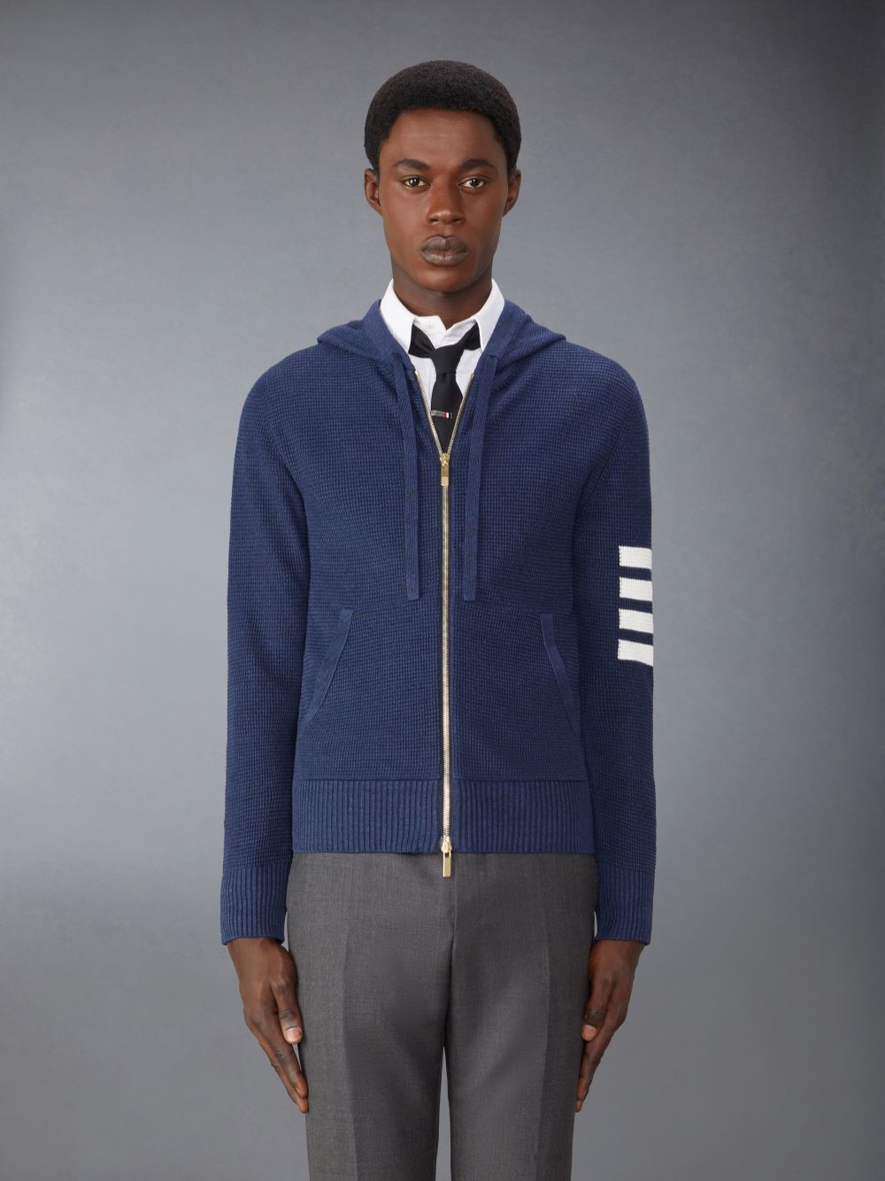 Thom Browne Linen Cotton 4-Bar Relaxed Fit Zip up Men Hoodie Blue | XRZ06B60745