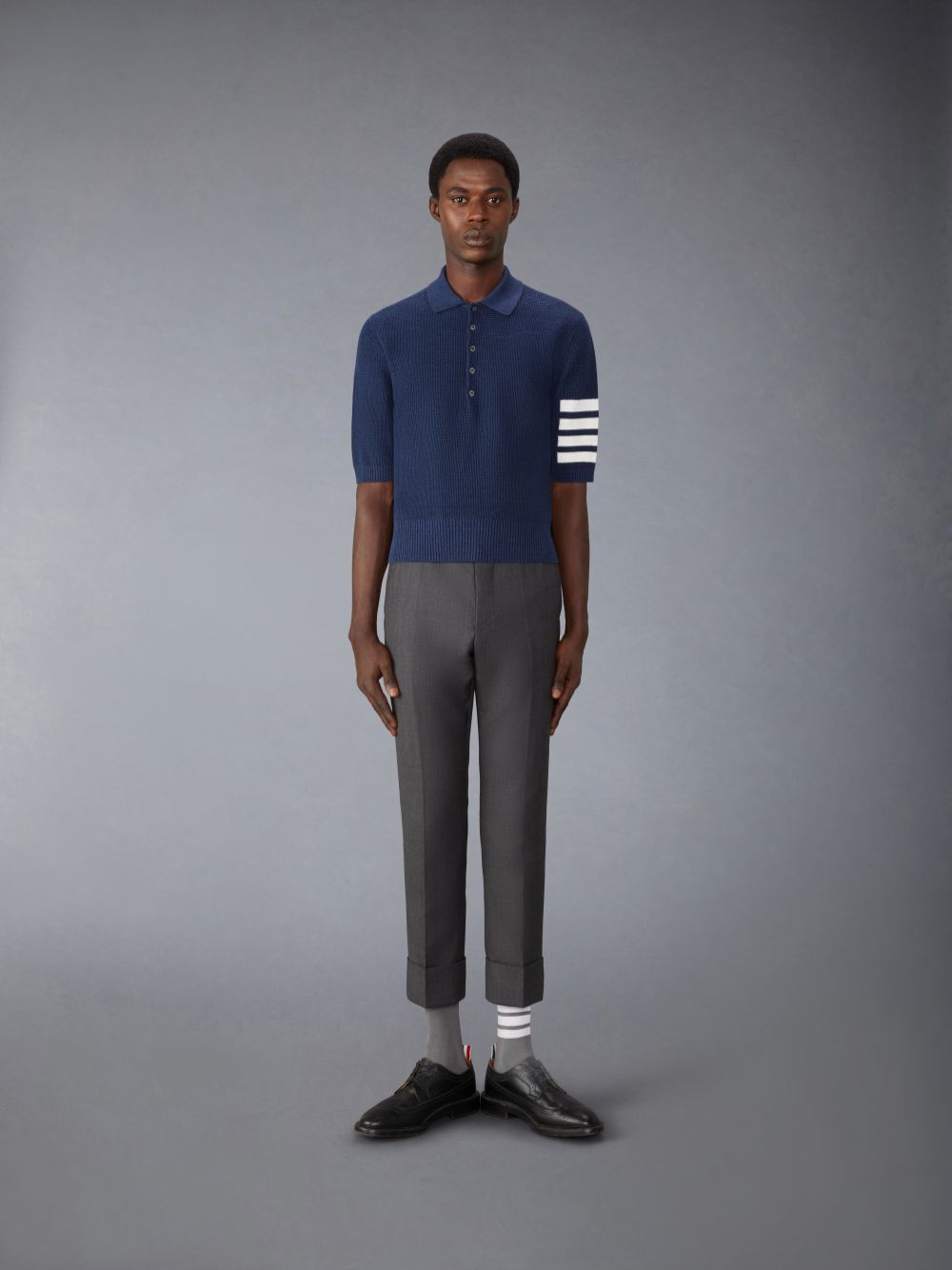 Thom Browne Linen Cotton 4-Bar Relaxed Fit Men Polo Shirt Blue | YGQ85R93110