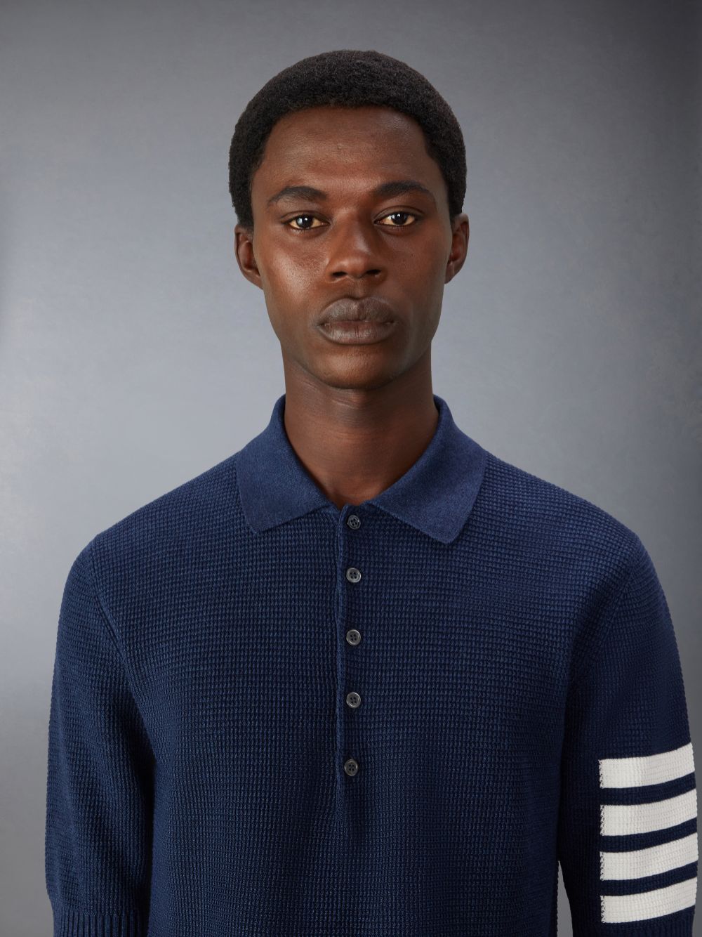 Thom Browne Linen Cotton 4-Bar Relaxed Fit Men Polo Shirt Blue | YGQ85R93110