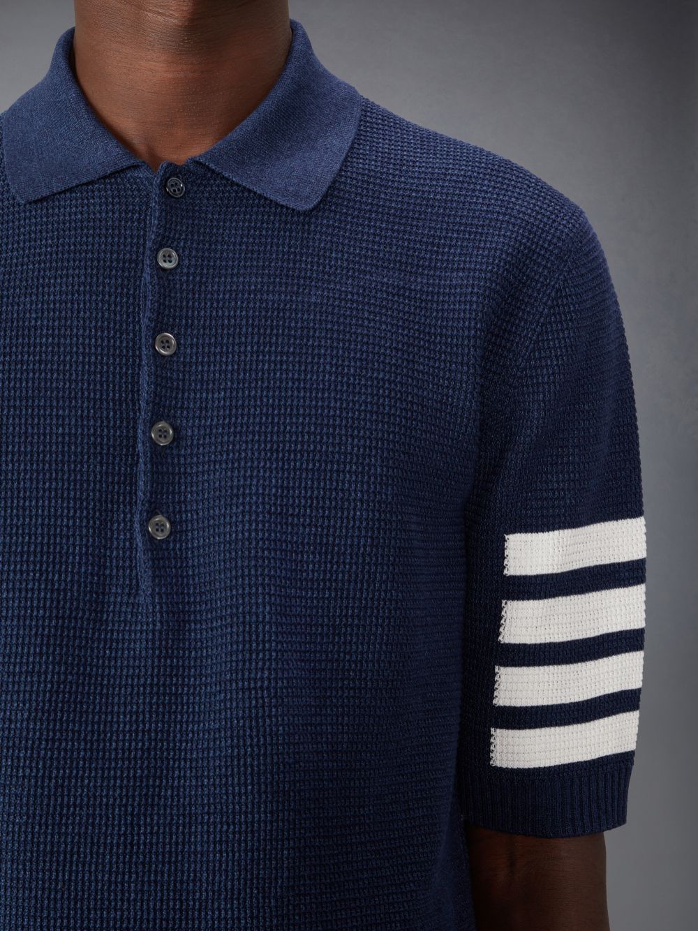 Thom Browne Linen Cotton 4-Bar Relaxed Fit Men Polo Shirt Blue | YGQ85R93110