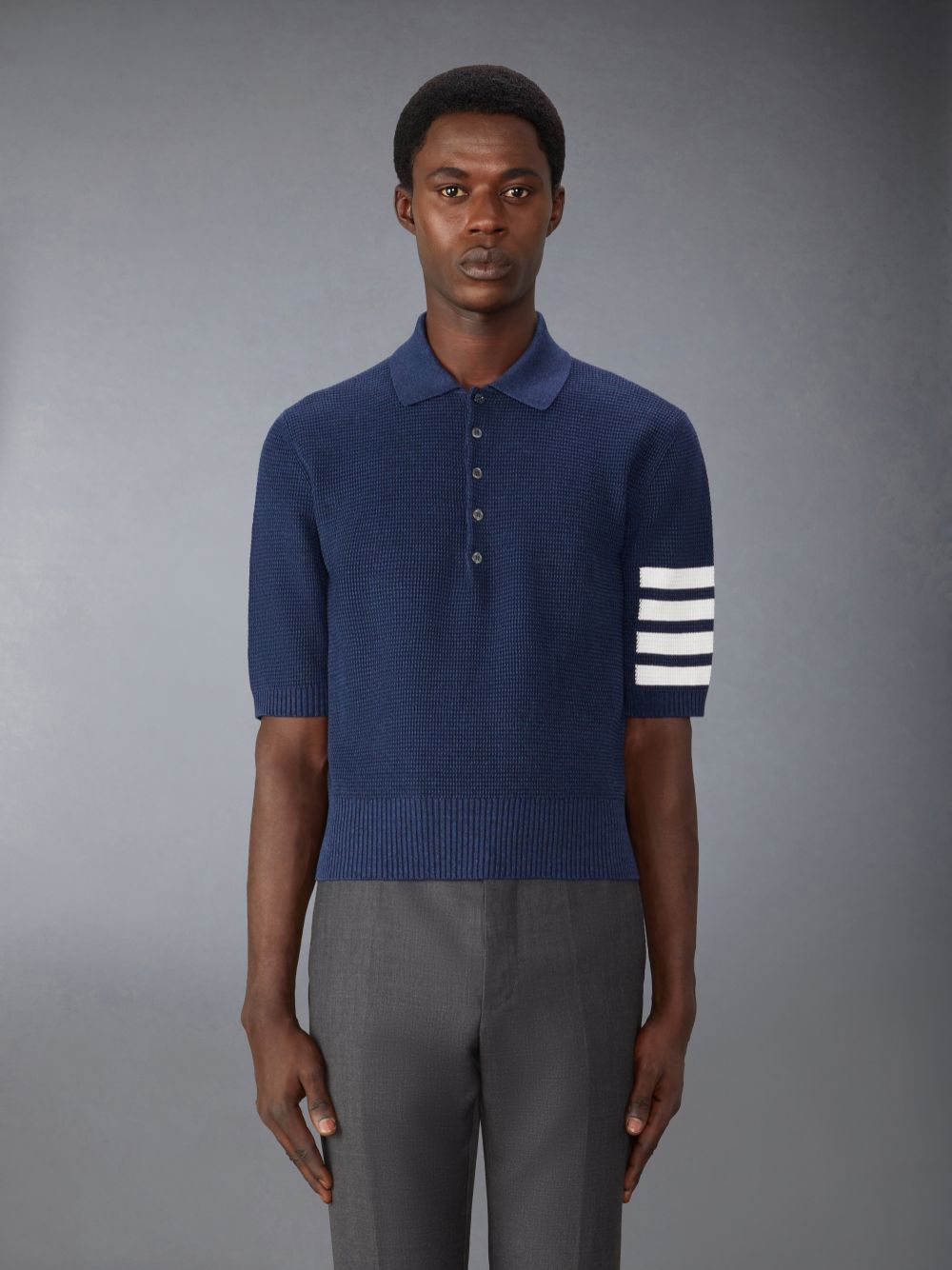 Thom Browne Linen Cotton 4-Bar Relaxed Fit Men Polo Shirt Blue | YGQ85R93110