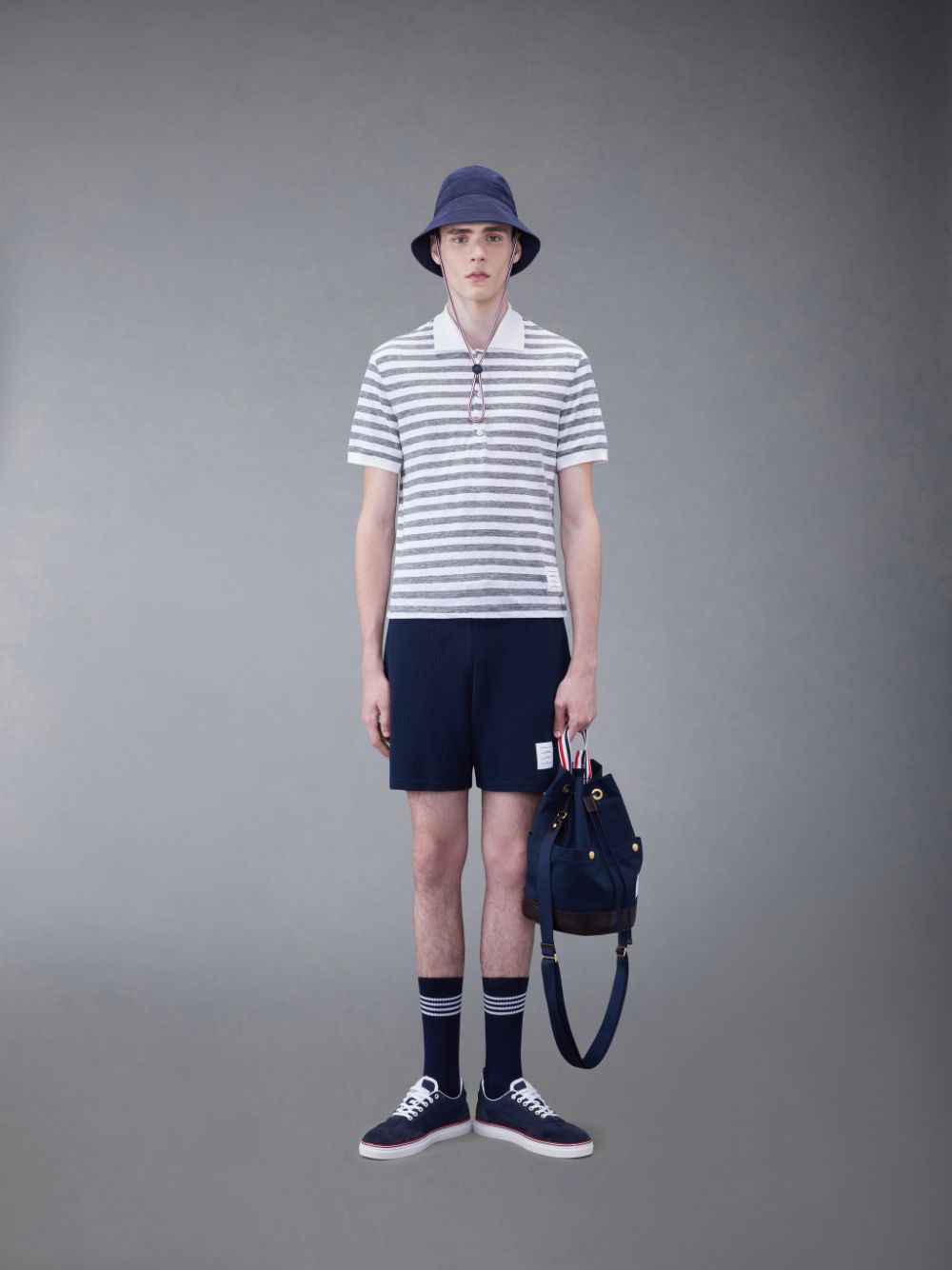 Thom Browne Linen Jersey Short Sleeve Striped Men Polo Shirt Grey | QYV32I42073