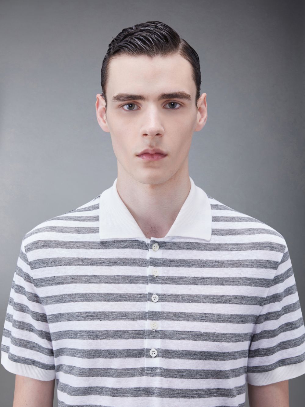 Thom Browne Linen Jersey Short Sleeve Striped Men Polo Shirt Grey | QYV32I42073