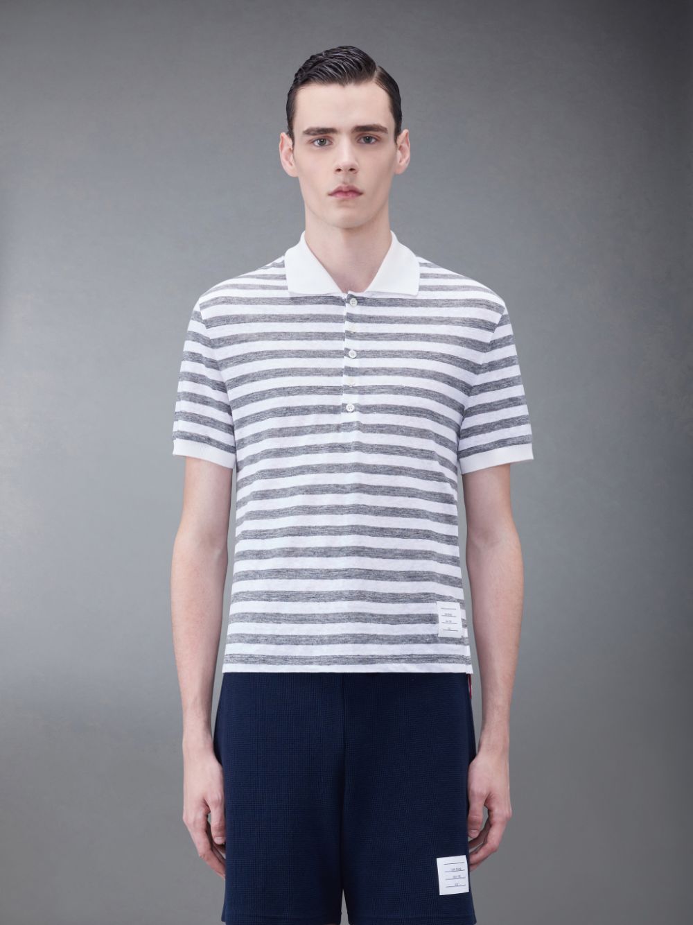 Thom Browne Linen Jersey Short Sleeve Striped Men Polo Shirt Grey | QYV32I42073