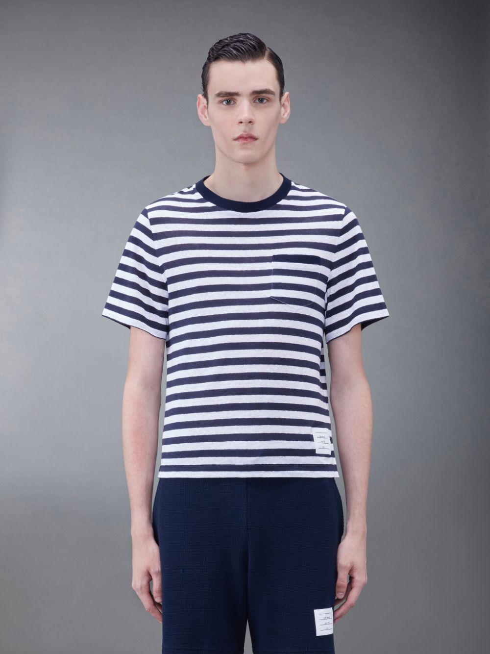 Thom Browne Linen Jersey Short Sleeve Striped Pocket Men T Shirts Blue | MQQ83D75018