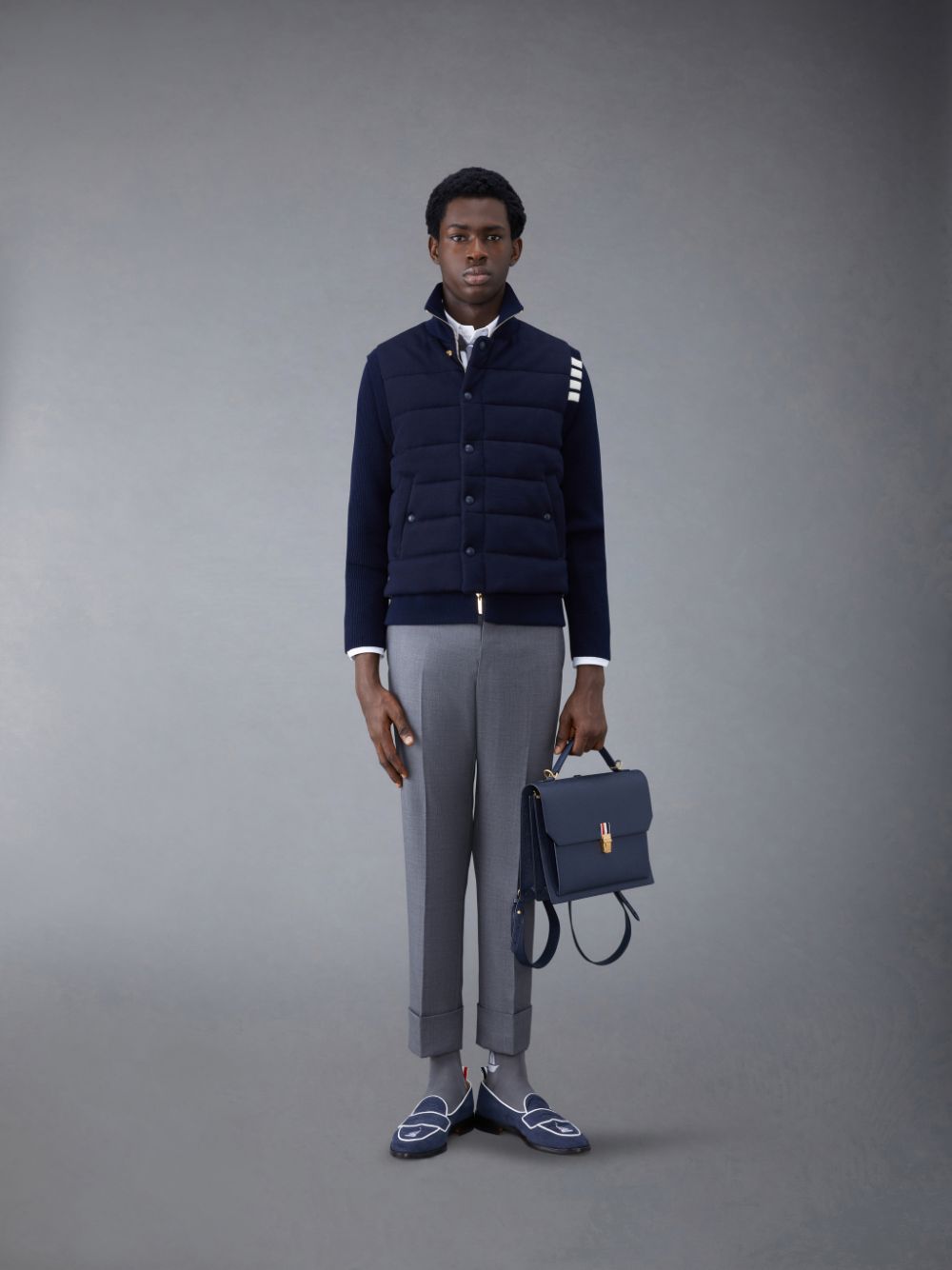 Thom Browne MERINO AND JERSEY PADDED REVERSIBLE 4-BAR FUNNEL NECK Men Jackets Blue | LBL79D02767