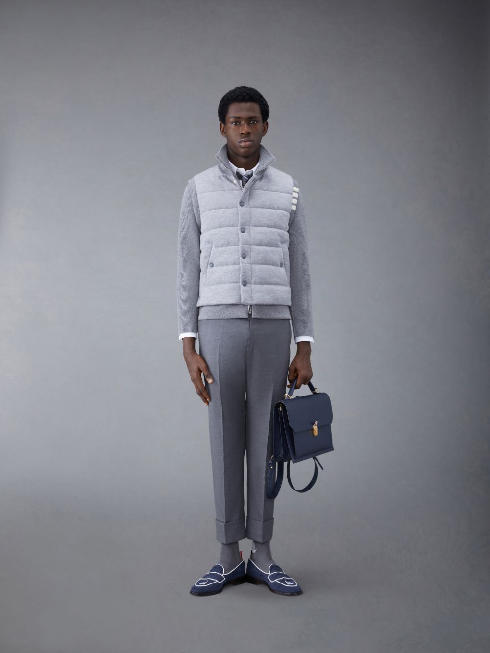 Thom Browne MERINO AND JERSEY PADDED REVERSIBLE 4-BAR FUNNEL NECK Men Jackets Grey | MPD24G44320