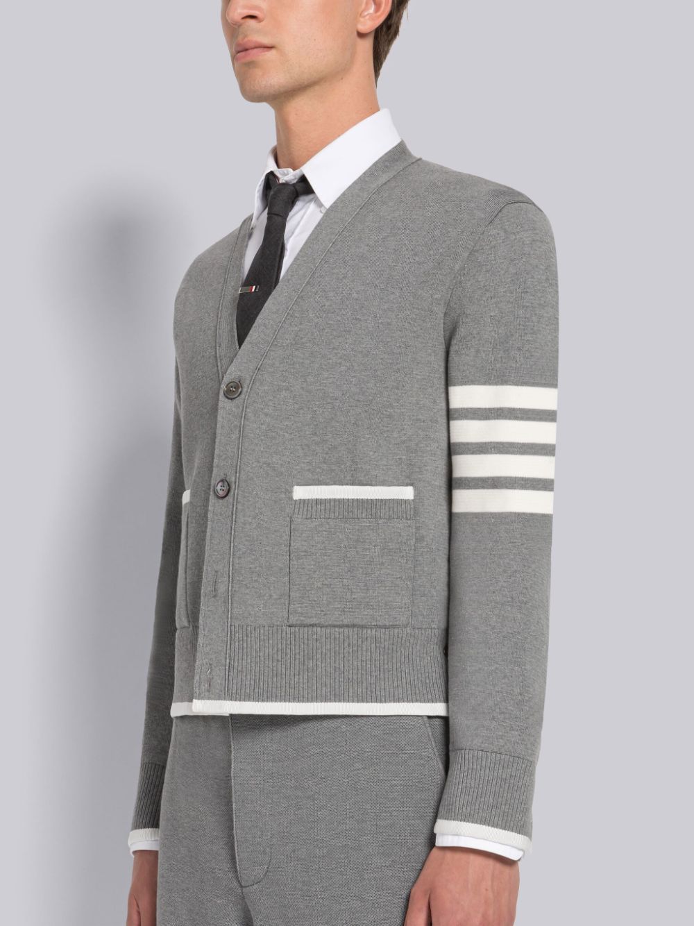 Thom Browne MILANO STITCH COTTON 4-BAR BOXY V-NECK Men Cardigan Grey | AUR61Q31187