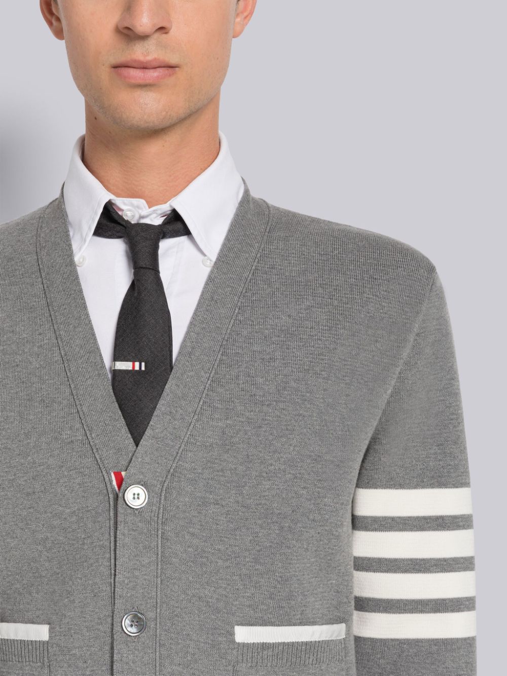 Thom Browne MILANO STITCH COTTON 4-BAR BOXY V-NECK Men Cardigan Grey | AUR61Q31187