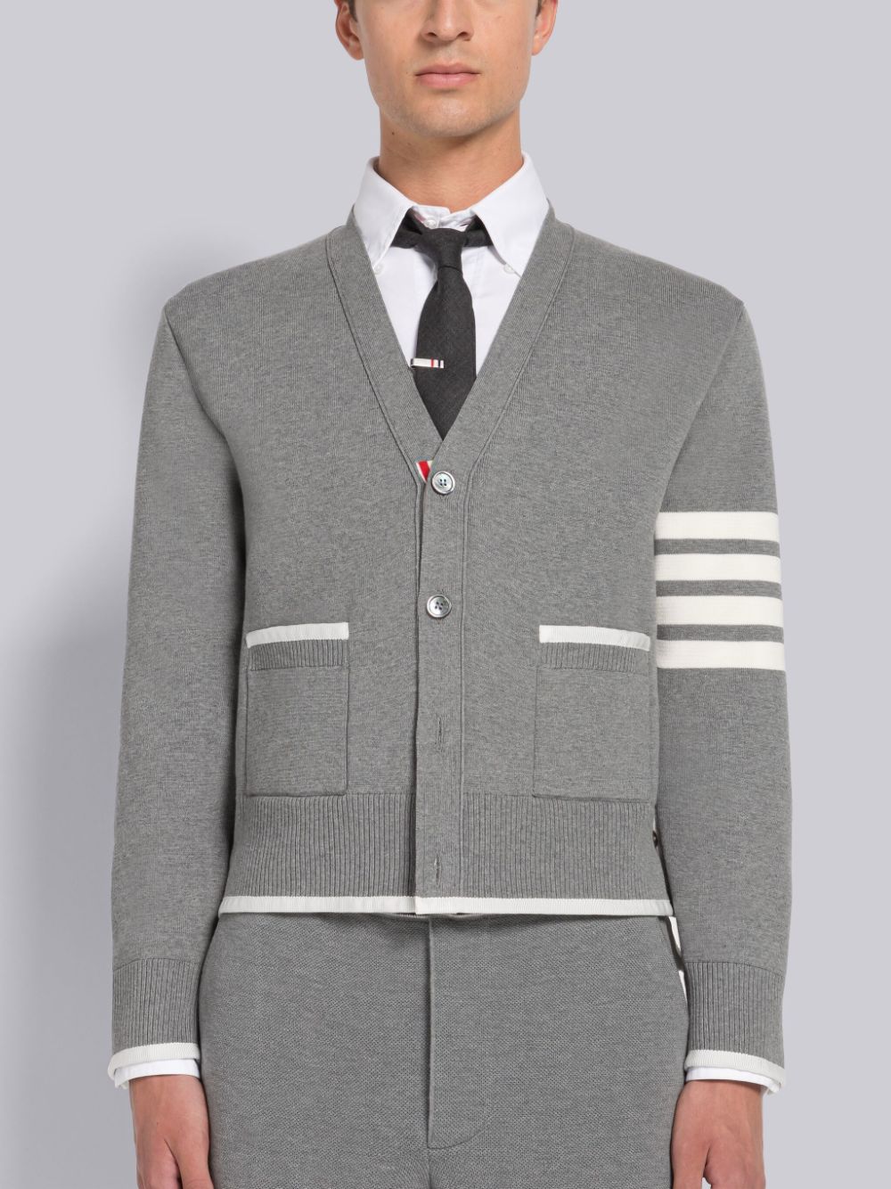 Thom Browne MILANO STITCH COTTON 4-BAR BOXY V-NECK Men Cardigan Grey | AUR61Q31187