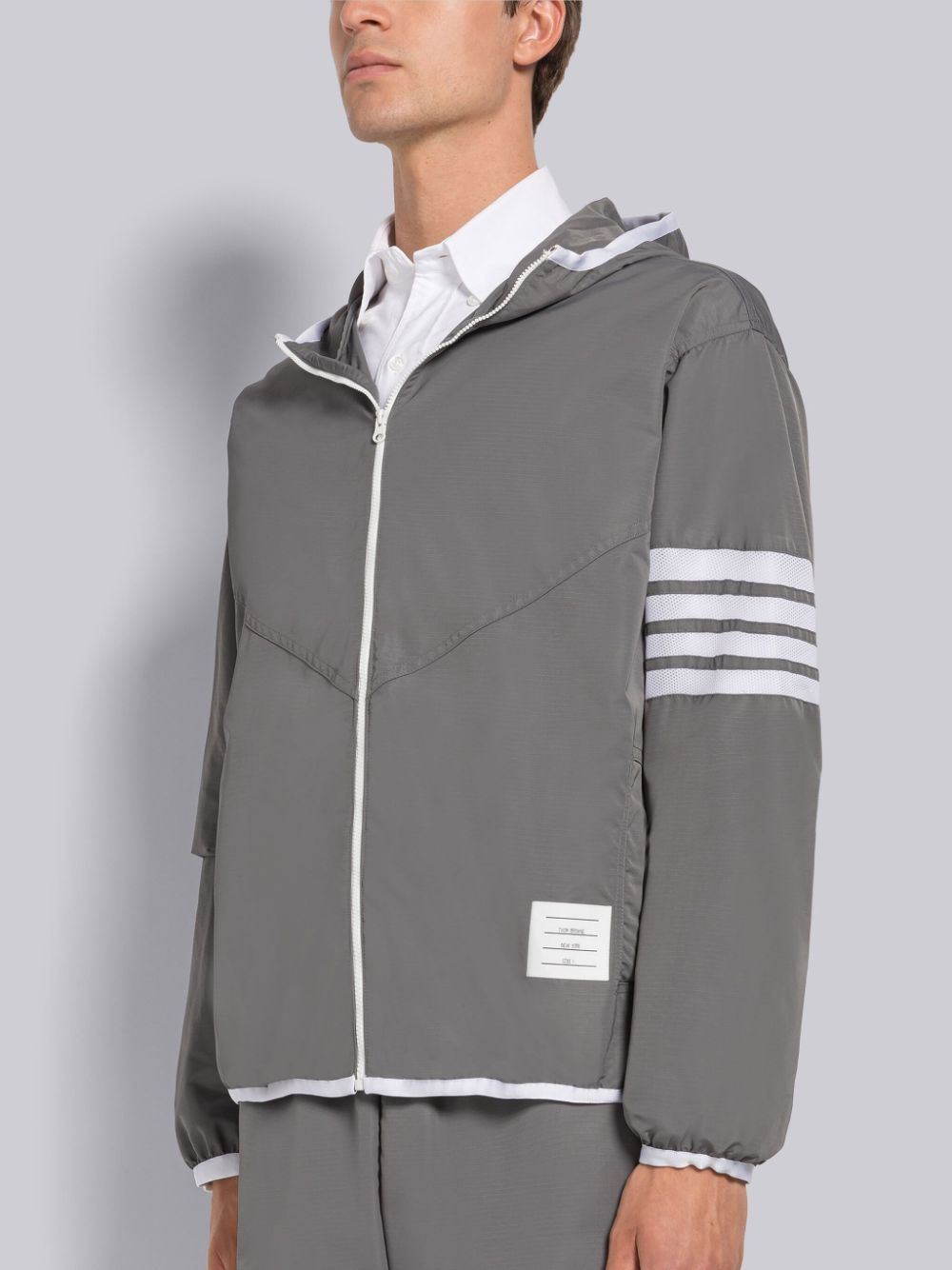 Thom Browne MILITARY RIPSTOP MESH 4-BAR PACKABLE ZIP Men Hoodie Grey | OBU98F77703