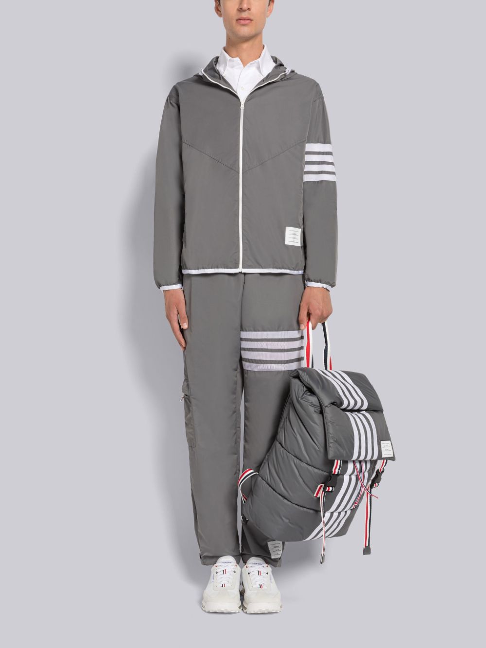 Thom Browne MILITARY RIPSTOP MESH 4-BAR PACKABLE ZIP Men Hoodie Grey | OBU98F77703