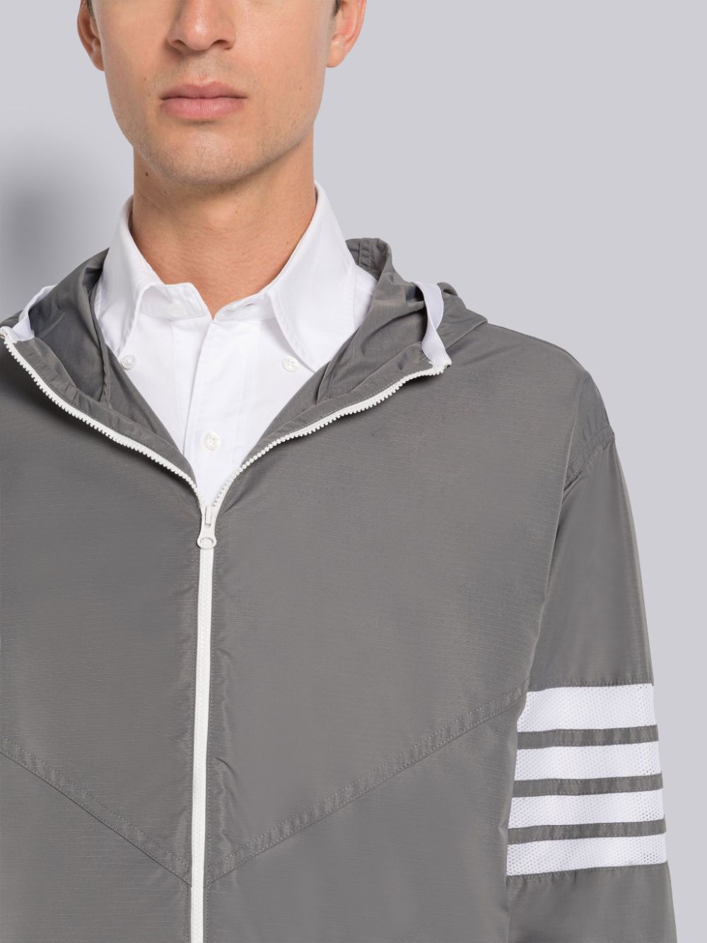 Thom Browne MILITARY RIPSTOP MESH 4-BAR PACKABLE ZIP Men Hoodie Grey | OBU98F77703