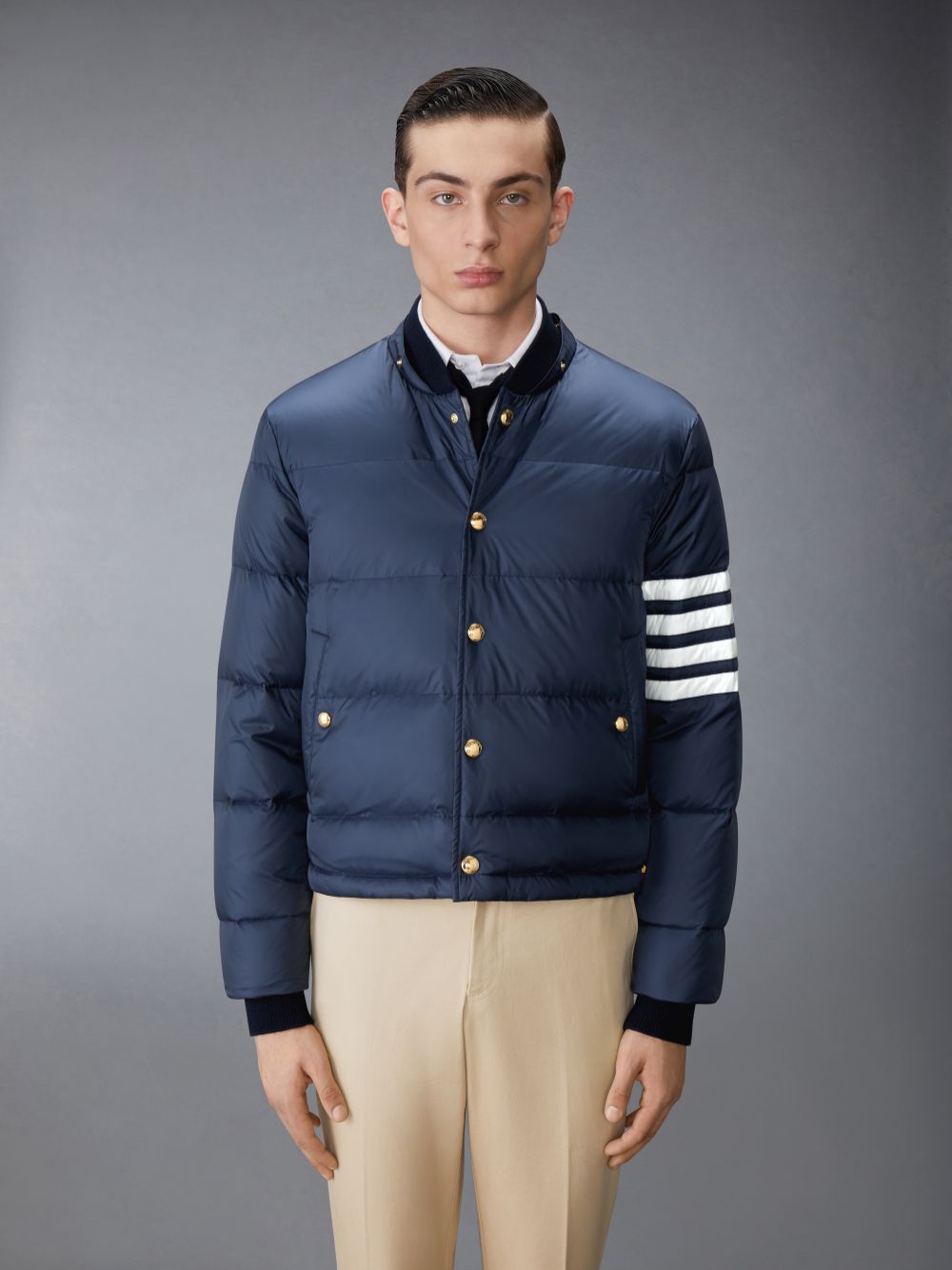 Thom Browne Matte Nylon 4-Bar Down Bomber Men Jackets Navy | UQW38M34905