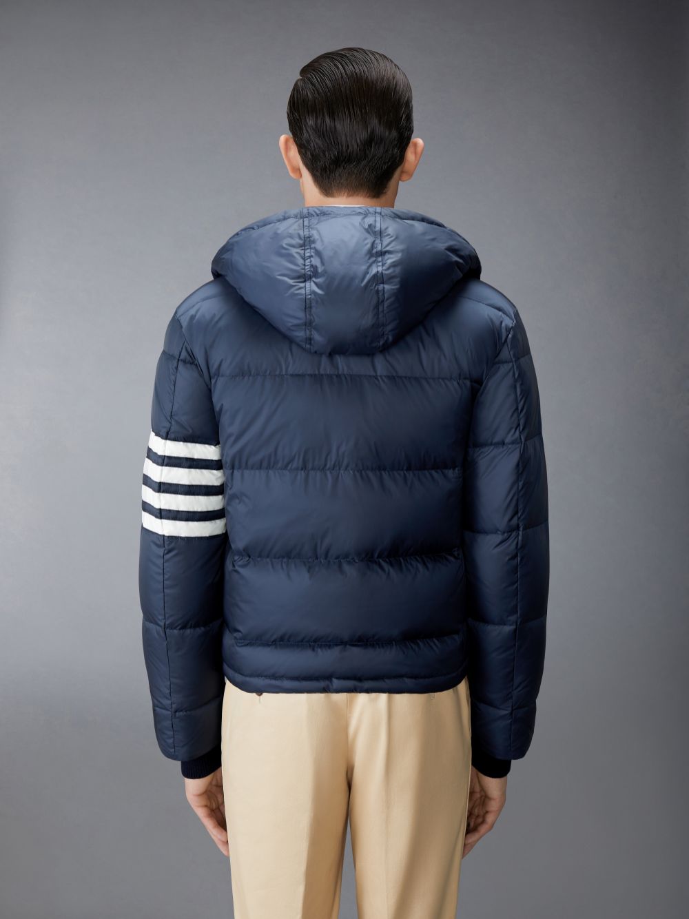 Thom Browne Matte Nylon 4-Bar Down Bomber Men Jackets Navy | UQW38M34905