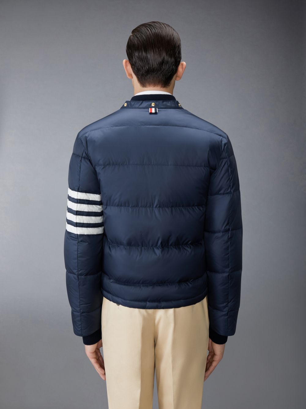 Thom Browne Matte Nylon 4-Bar Down Bomber Men Jackets Navy | UQW38M34905