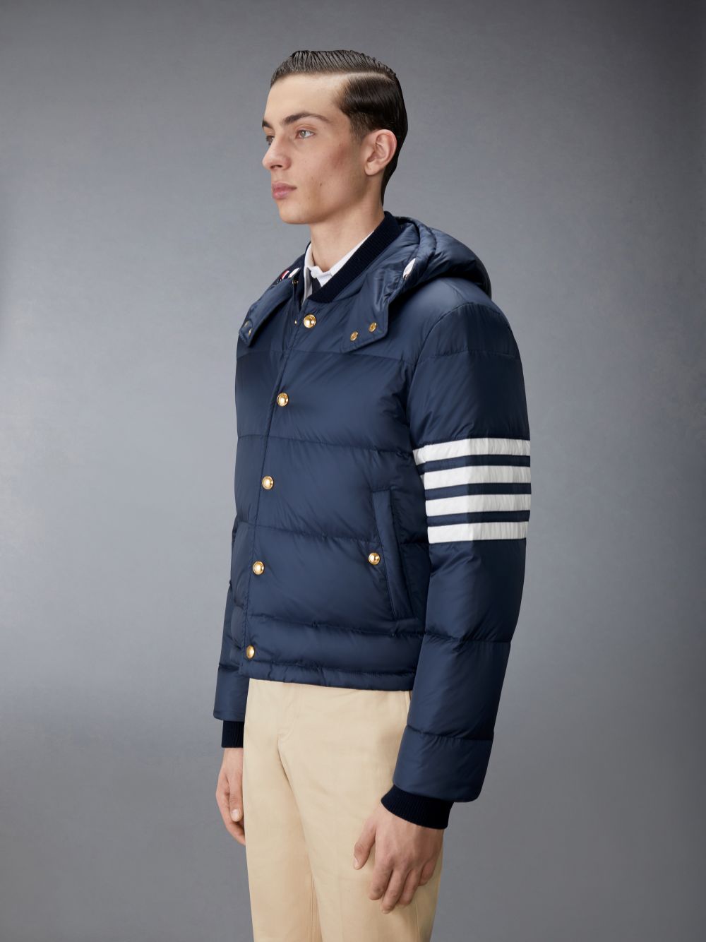 Thom Browne Matte Nylon 4-Bar Down Bomber Men Jackets Navy | UQW38M34905