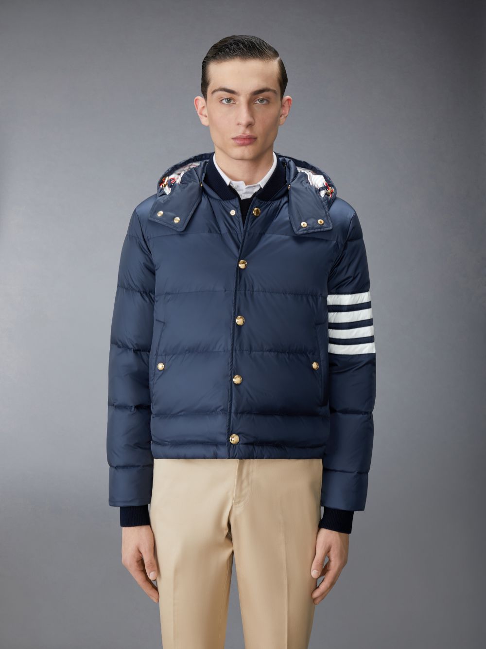 Thom Browne Matte Nylon 4-Bar Down Bomber Men Jackets Navy | UQW38M34905