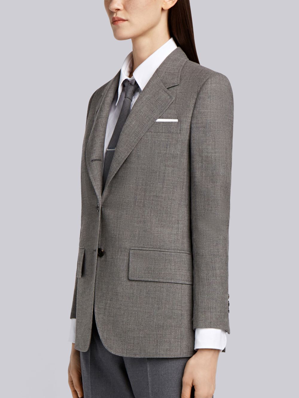 Thom Browne Medium 2-Ply Fresco Wool Wide Lapel Sport Women Coats Grey | YHR79S01899