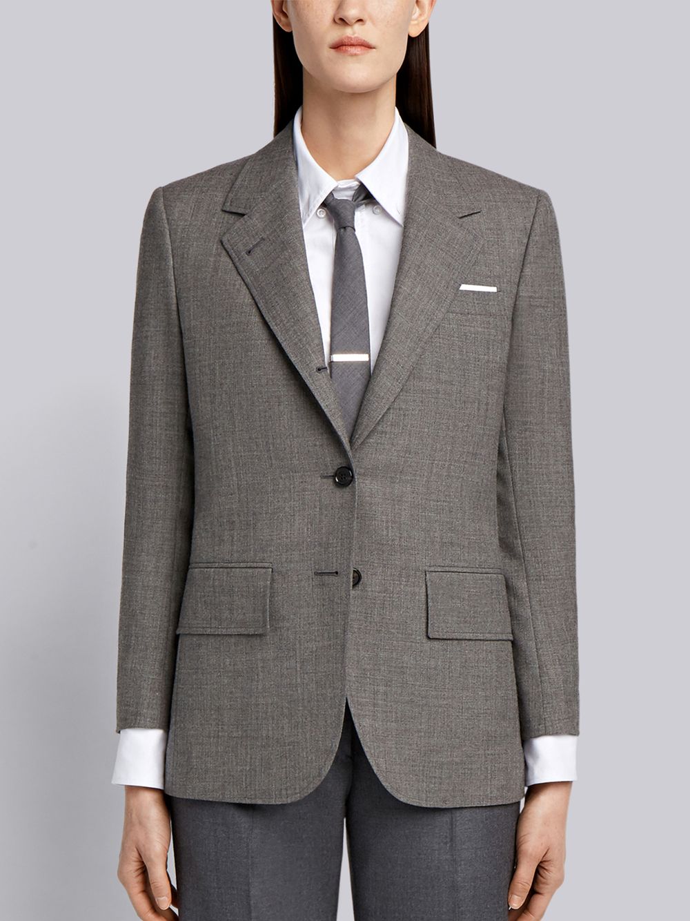 Thom Browne Medium 2-Ply Fresco Wool Wide Lapel Sport Women Coats Grey | YHR79S01899