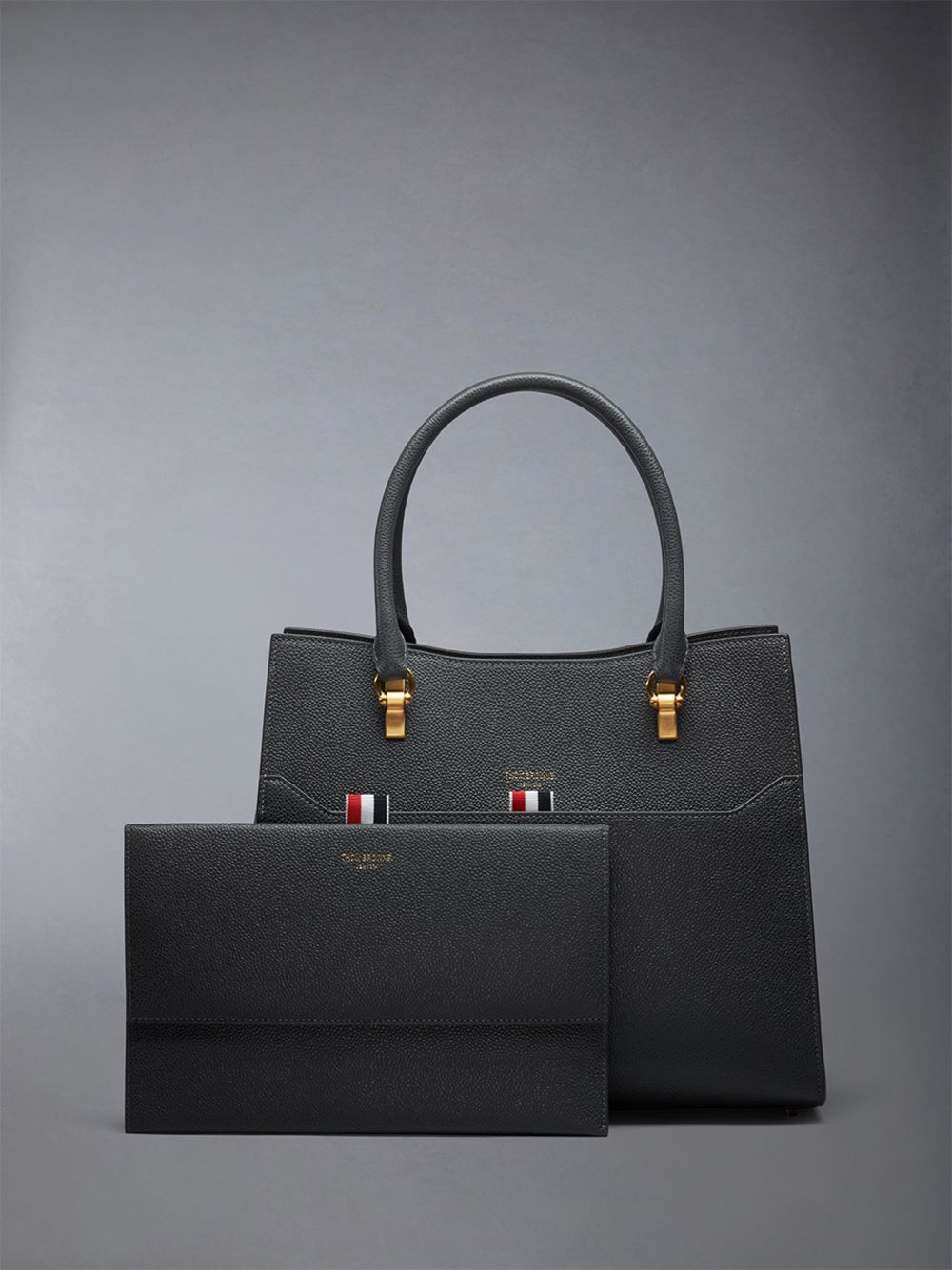 Thom Browne Medium Duet in Pebble Grain Leather Women Tote Bags Grey | QAM39H11092