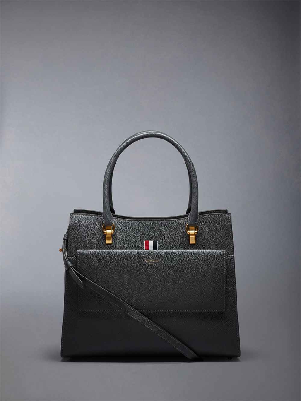 Thom Browne Medium Duet in Pebble Grain Leather Women Tote Bags Grey | QAM39H11092