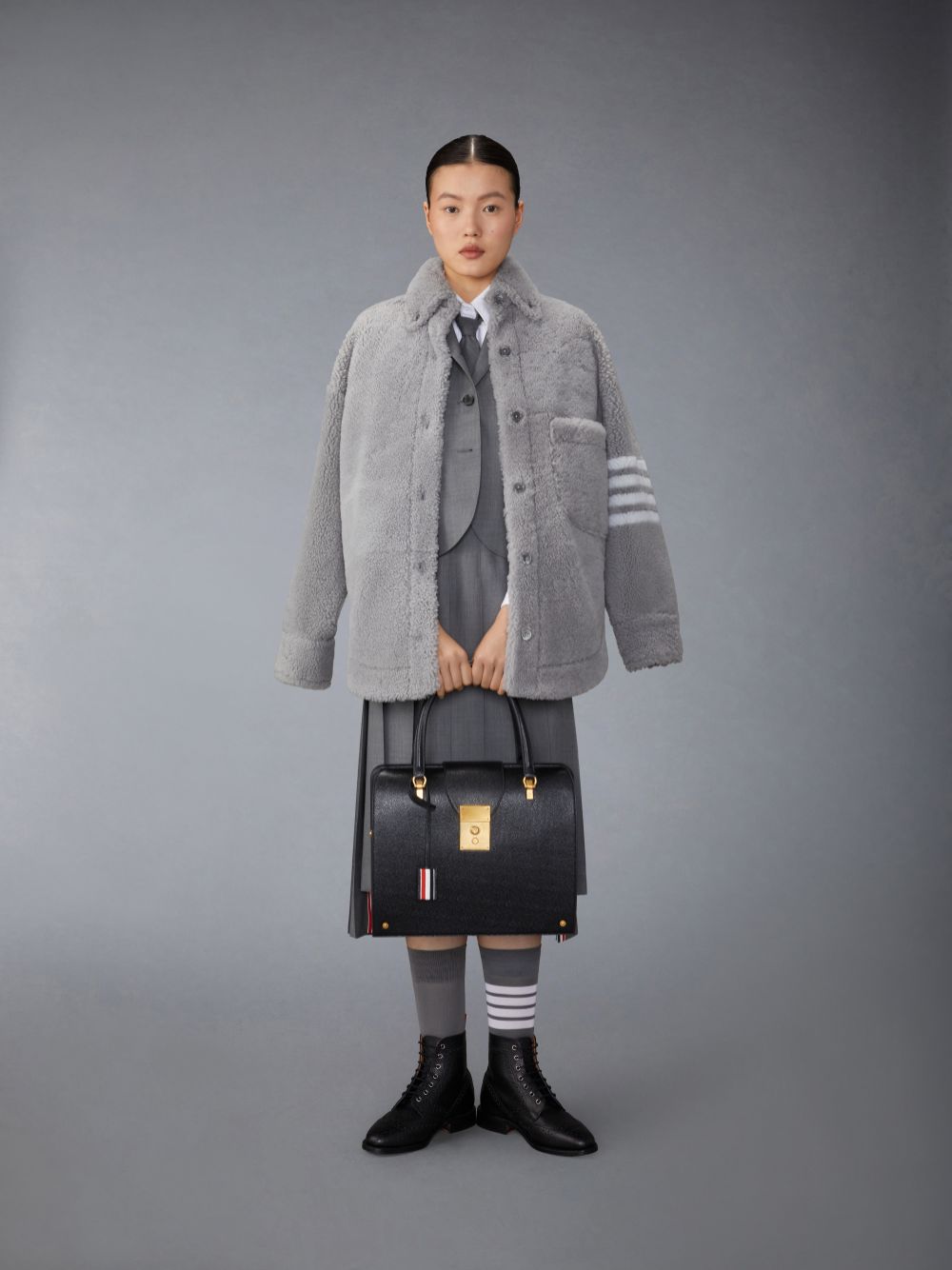 Thom Browne Medium Dyed Shearling 4-Bar Supersized Shirt Women Jackets Grey | UGV50Z98595