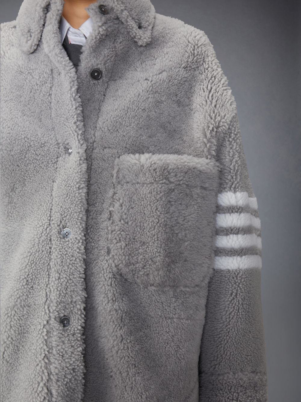 Thom Browne Medium Dyed Shearling 4-Bar Supersized Shirt Women Jackets Grey | UGV50Z98595